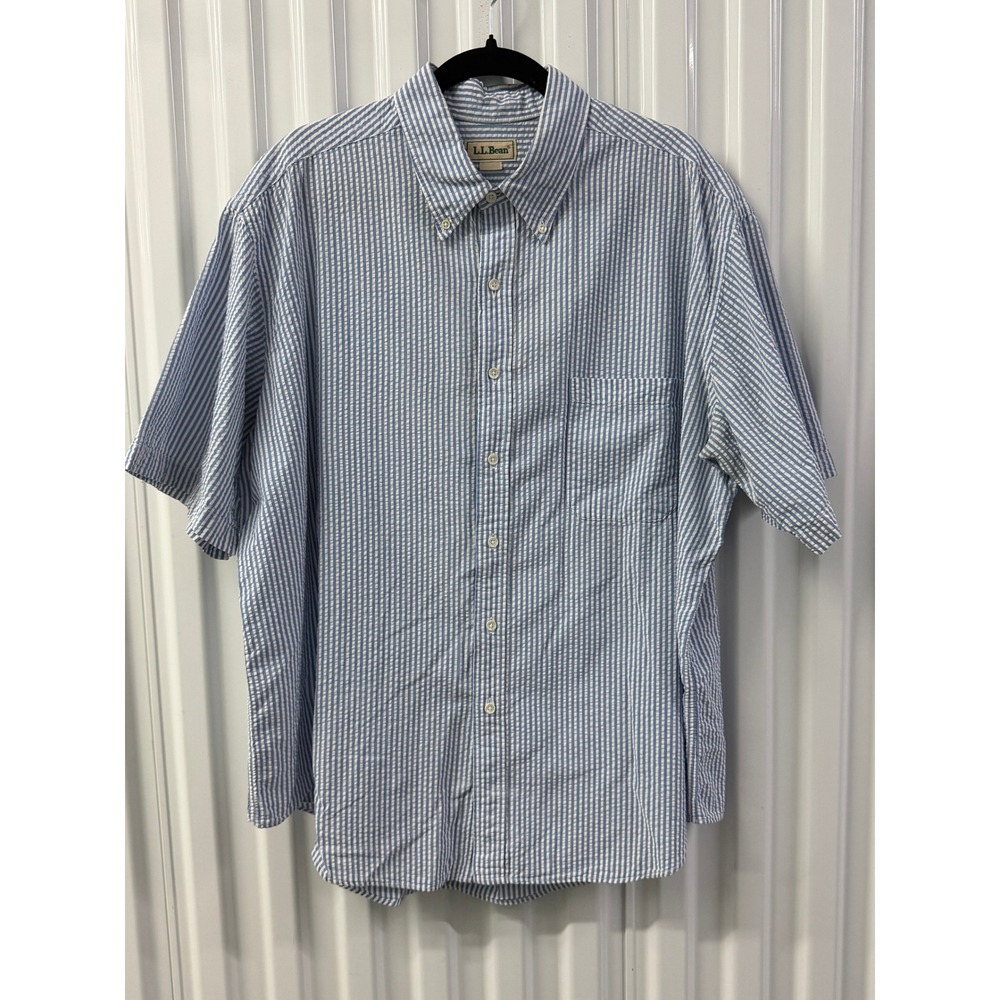 LL Bean Seersucker Shirt Mens XL Blue Good Vintage 80s Striped Short Sleeve
